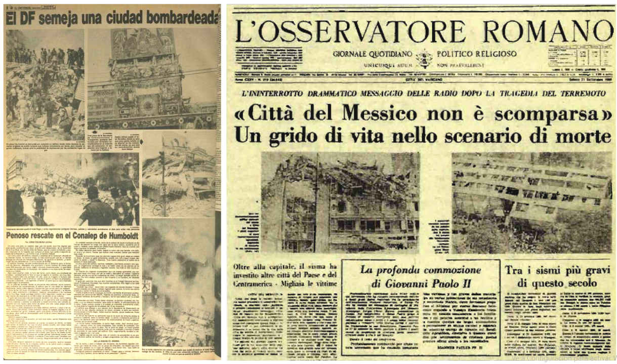 Sin otro precedente que el temblor de 1957, ‘cuando se cayó el Ángel de la Independencia’, la prensa nacional y extranjera asemejó el desastre vivido en la Ciudad de México, al de una zona bombardeada y un escenario de la muerte. Fotos recuperadas de: El Universal y del libro 20 años después. Los sismos de 1985.