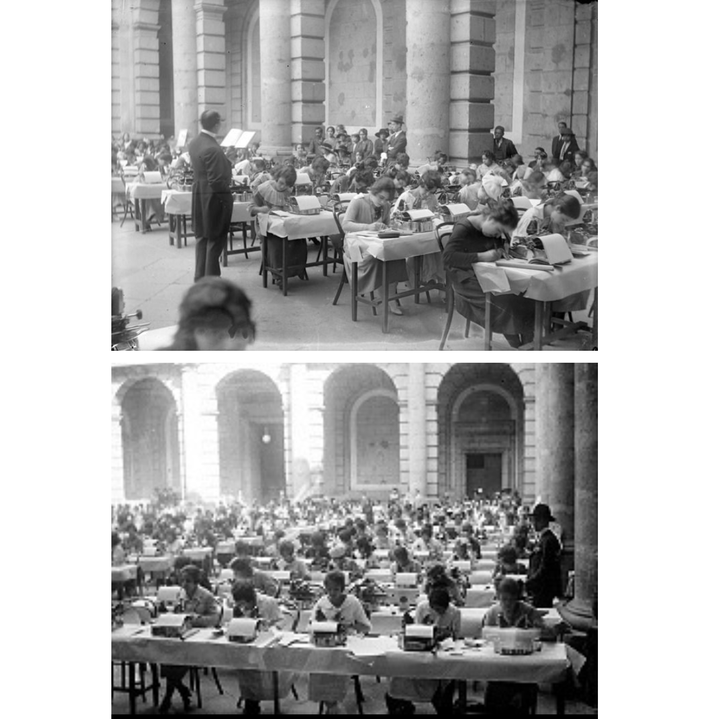 Concurso de mecanógrafas dentro del edificio de la SCOP, 1920. INAH/Fototeca Nacional/ Archivo Casasola/ Inventario 164452 y 164461 (respectivamente) / ID 678403 y 678412