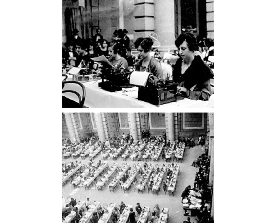 Concurso de mecanógrafas en el patio de la Secretaría de Comunicaciones y Transportes. INAH/Fototeca Nacional/ Archivo Casasola/ Inventario 164486 y 164459 (respectivamente) / ID 678437 y 678410