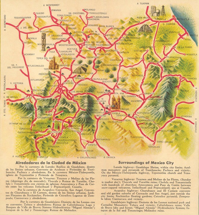 Miguel Covarrubias, Recuadro de carreteras “Alrededores de la Ciudad de México”. S observan catedrales y un “atlante” de Tula. Mapa “Carreteras de México”, GoodYear Oxo, 1952, 53x61cm, primera edición de mayo de 1952. Disponible en David Rumsery Collection: https://www.davidrumsey.com/luna/servlet/detail/RUMSEY~8~1~330926~90099370:Carreteras-De-Mexico-Highway-Map?sort=pub_list_no_initialsort%2Cpub_date%2Cpub_list_no%2Cseries_no&mi=2&trs=23&qvq=q:Covarrubias;sort:pub_list_no_initialsort%2Cpub_date%2Cpub_list_no%2Cseries_no;lc:RUMSEY~8~1