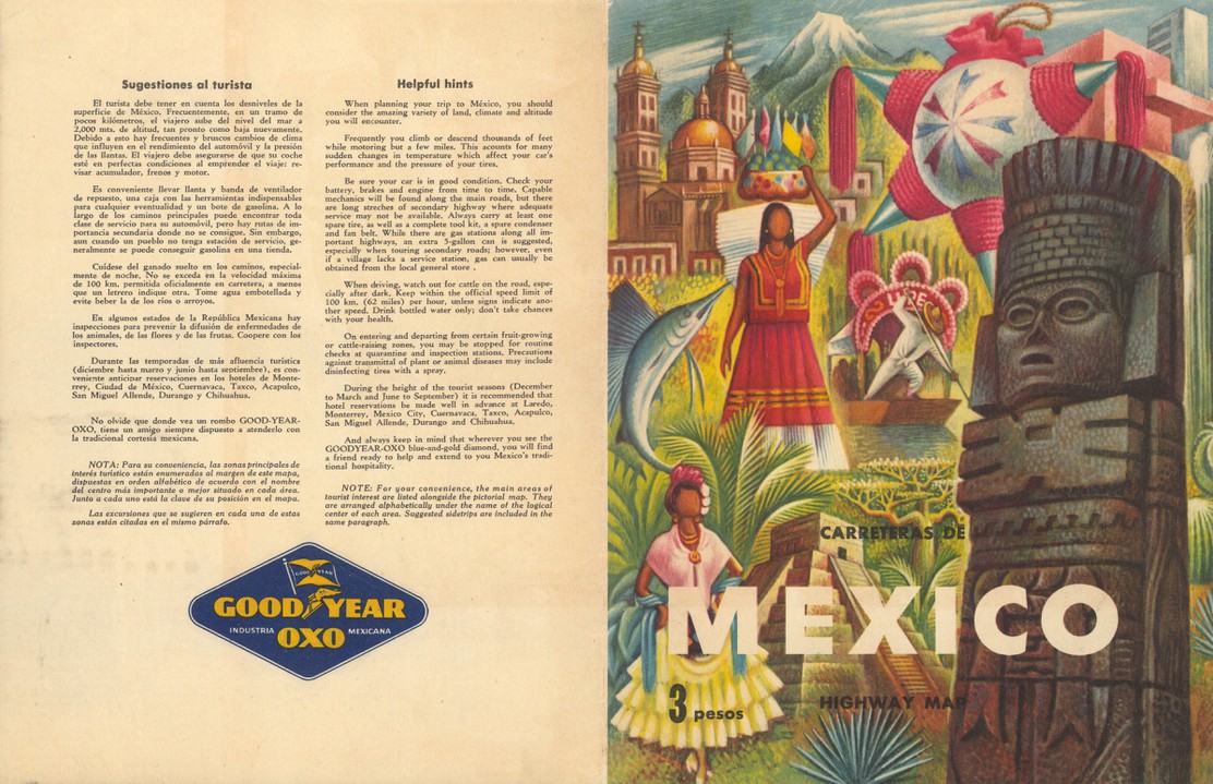 Portada y texto del mapa de carreteras en México, en idioma español e inglés, GoodYear Oxo, 53x61cm, primera edición de mayo de 1952. Disponible en David Rumsery Collection https://www.davidrumsey.com/luna/servlet/detail/RUMSEY~8~1~330925~90099369:Text--Carreteras-De-Mexico-Highway-?sort=pub_list_no_initialsort%2Cpub_date%2Cpub_list_no%2Cseries_no&mi=1&trs=23&qvq=q:Covarrubias;sort:pub_list_no_initialsort%2Cpub_date%2Cpub_list_no%2Cseries_no;lc:RUMSEY~8~1