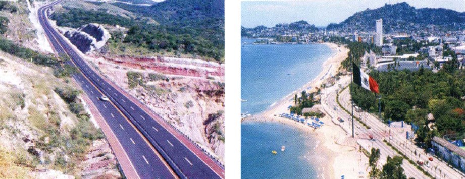 12 La autopista del Sol Cuernavaca.jpg La autopista del Sol Cuernavaca-Acapulco de 252 km de extensión, 4 puentes atirantados y 2 túneles falsos. Bulevar Papagayo de 695 metros de longitud con 2 cuerpos de 12 m de corona divididos por un camellón central. Libro: XXX Aniversario de los Centros SCT. SCT.
