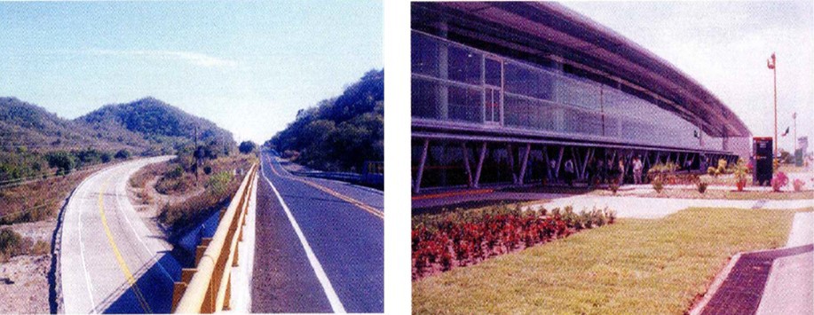 25 Tramo Rosario-Villa Unión.jpg Tramo Rosario-Villa Unión -de la carretera Tepic-Mazatlán- de 29.8 km de longitud y un ancho de 12 m alojando dos carriles de circulación y dos acotamientos. El Aeropuerto Internacional de Culiacán fue modernizado. Libro: XXX Aniversario de los Centros SCT. SCT.