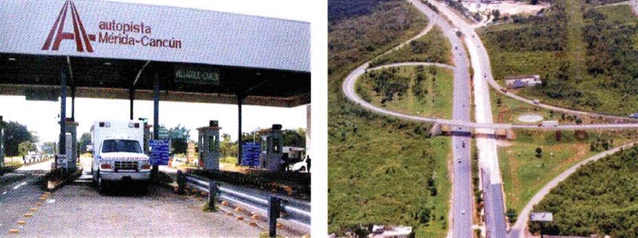 31 La autopista Mérida-Cancún.jpg La autopista Mérida-Cancún en su tramo Kantunil-Cancún tiene una longitud de 245 km. El anillo periférico de Mérida fue la primera vía de 6 carriles en el sureste de México. Libro: XXX Aniversario de los Centros SCT. SCT.