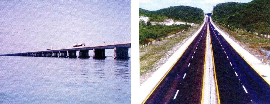 5 Puente La Unidad.jpg Puente La Unidad de 3.2 km de extensión. Autopista Champotón-Campeche de 56 km que comunica a la ciudad de Campeche con los estados de Tabasco y Quintana Roo. Libro: XXX Aniversario de los Centros SCT. SCT.