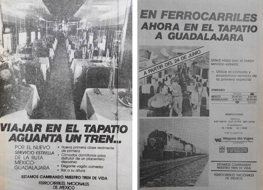 2 Publicidad de Ferrocarriles Nacionales.jpg Publicidad de Ferrocarriles Nacionales de México invitando al público a viajar en “El Tapatío”. El Universal 18 de junio de 1987.