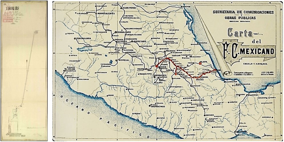 2 Trazo del Ferrocarril Mexicano del norte.jpg Trazo del Ferrocarril Mexicano del norte de la ciudad de México hasta la Villa de Guadalupe (1857) que se uniría más tarde al trazo de Veracruz a El Molino (1850) para conformar la vía México-Veracruz en 1873. AGN- https://ferroexposiciones.com.mx/planos-de-la-ruta-ferrocarril-mexicano-mv/