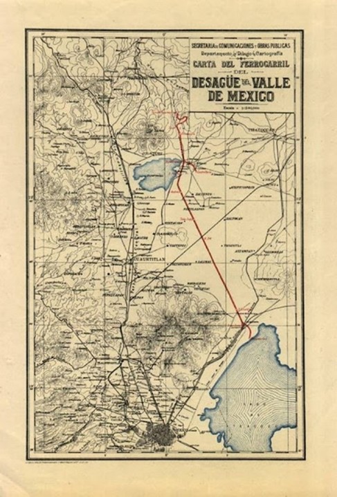 Carta del Ferrocarril del Desagüe del Valle de México cuyo recorrido inicial se muestra en color rojo, va desde San Cristóbal Ecatepec hasta el Tajo de Tequixquiac. Reproducción autorizada por el INAH.