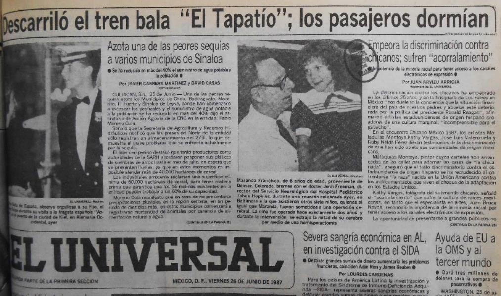 3 El descarrilamiento de El Tapatío.jpg El descarrilamiento de “El Tapatío” - recién estrenado- no pasó desapercibido para la prensa. El Universal 26 de junio de 1987.