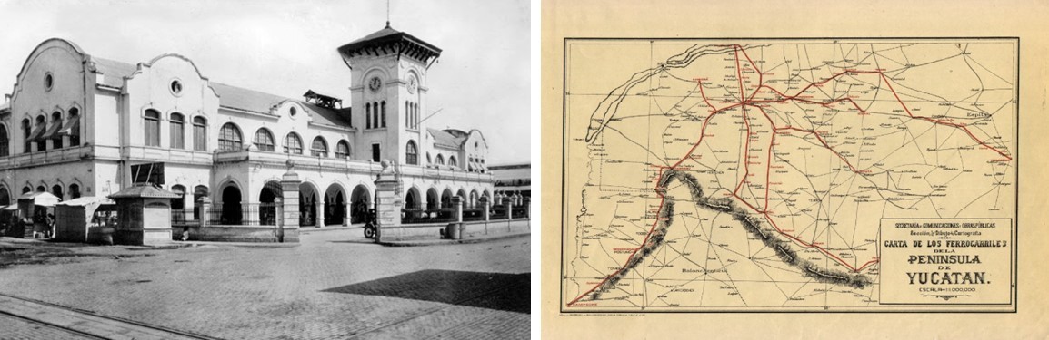 La estación central del ferrocarril de Mérida fue el principal escenario de la llegada de las congresistas a Yucatán, quienes viajaron por la única red ferrocarrilera administrada por oriundos de la región y extendida por la SCOP en toda la península. Imágenes recuperadas de: Mérida en la historia e INAH.