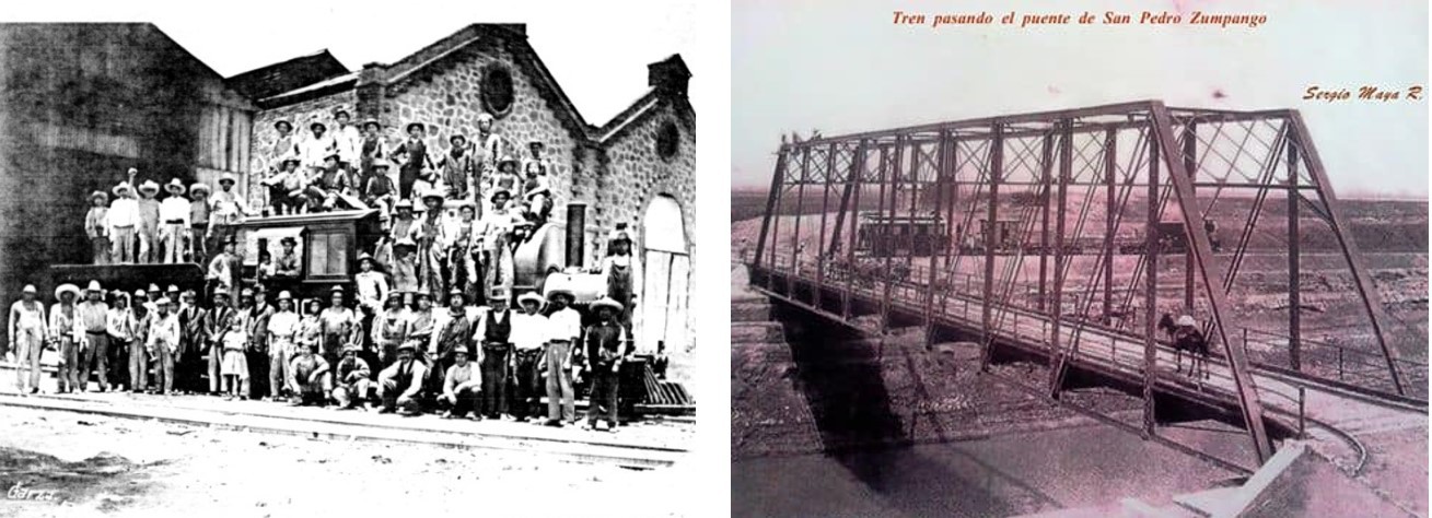 7 Trabajadores ferrocarrileros del tren.jpg Trabajadores ferrocarrileros del tren “La Cucaracha” afuera de los talleres en Zumpango; y puente de San Pedro Zumpango. https://www.cronicasdezumpango.com.mx/ferrocarril-del-desague-del-valle-de-mexico/ Sergio Maya Rodríguez https://www.facebook.com/Tequixquiacradio/posts/2294572300684161/