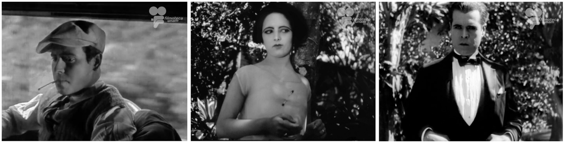 Comp2.png (De izq. a der.) Carlos Villatoro, Clarita Ibáñez y Manuel de los Ríos interpretan los papeles protagónicos de “El tren fantasma”. Fotogramas de “El tren fantasma” (1926). Filmoteca UNAM.