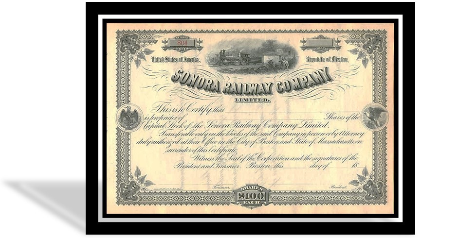 2 Acción de la nueva Compañía Limitada .jpg Acción de la nueva Compañía Limitada del Ferrocarril de Sonora por 100 dólares. https://obson.wordpress.com/wp-content/uploads/2015/05/sonora.jpg