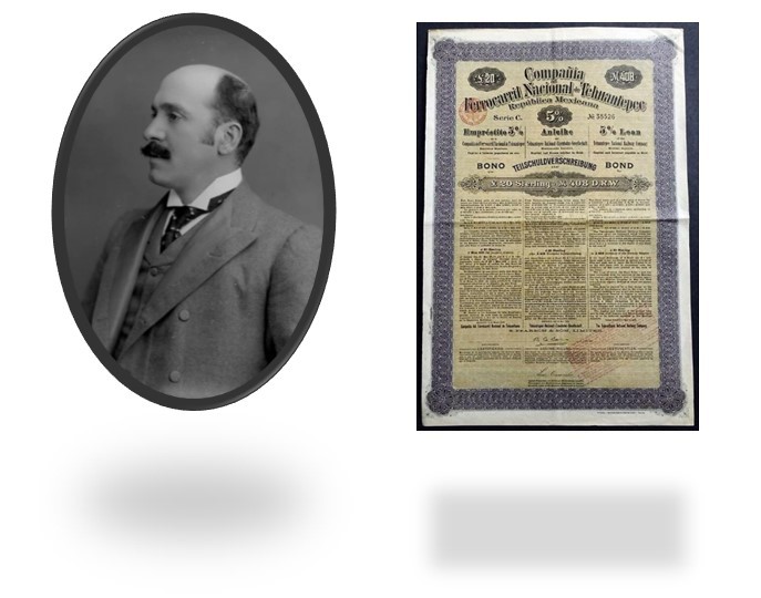 3 Sir Weetman D Pearson dio el último impulso.jpg Sir Weetman D. Pearson dio el último impulso a la construcción del Ferrocarril del Istmo; a la derecha un bono de la empresa con un valor de 20 libras esterlinas. https://npgshop.org.uk/products/weetman-dickinson-pearson-1st-viscount-cowdray-npg-x30649-card y https://artonpapers.com/products/compania-del-ferrocarril-nacional-de-tehuantepec-republica-mexicana-gold-bond