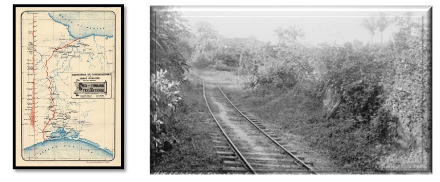 4 Carta del Ferrocarril de Tehuantepec.jpg Carta del Ferrocarril de Tehuantepec, y un aspecto de su vía abriéndose paso en un entorno natural lleno de vegetación, flores y palmeras. Reproducción autorizada por el INAH.