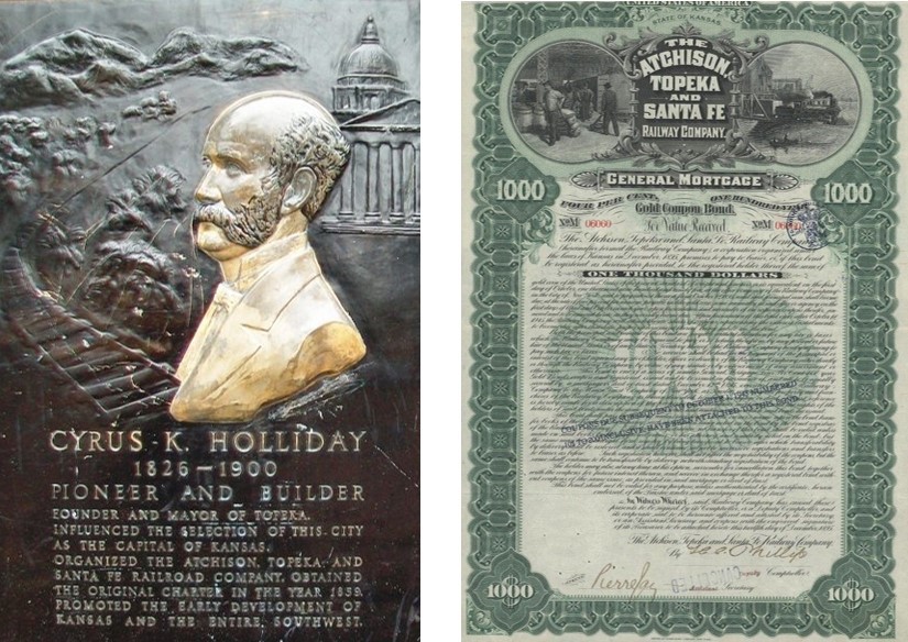 1 Coronel Cyrus K Holliday.jpg Coronel Cyrus K. Holliday fundador de la compañía ferroviaria Atchison Topeka & Santa Fe; y una acción de dicha empresa por mil dólares. https://www.hmdb.org/m.asp?m=63886 y https://mx.pinterest.com/pin/316448311287786668/