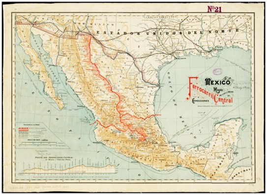 2 Ruta troncal del Ferrocarril Central.jpg Ruta troncal del Ferrocarril Central: México-Paso del Norte y sus dos ramales San Blas, Nayarit (océano Pacífico), y Tampico, Tamaulipas (Golfo de México). https://www.digitalcommonwealth.org/search/commonwealth:4m90fj83m
