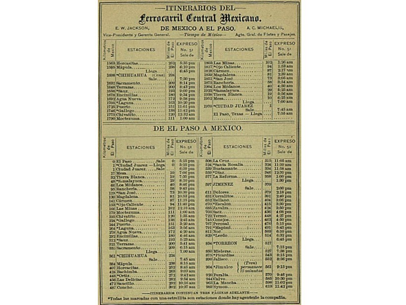 5 Itinerario de la ruta el Ferrocarril Central MARCOS.jpg Itinerario de la ruta el Ferrocarril Central, sus horarios de salida y su distancia en millas. http://elsenordelhospital.blogspot.com/2013/01/1890-el-ferrocarril-central-mexicano-en.html