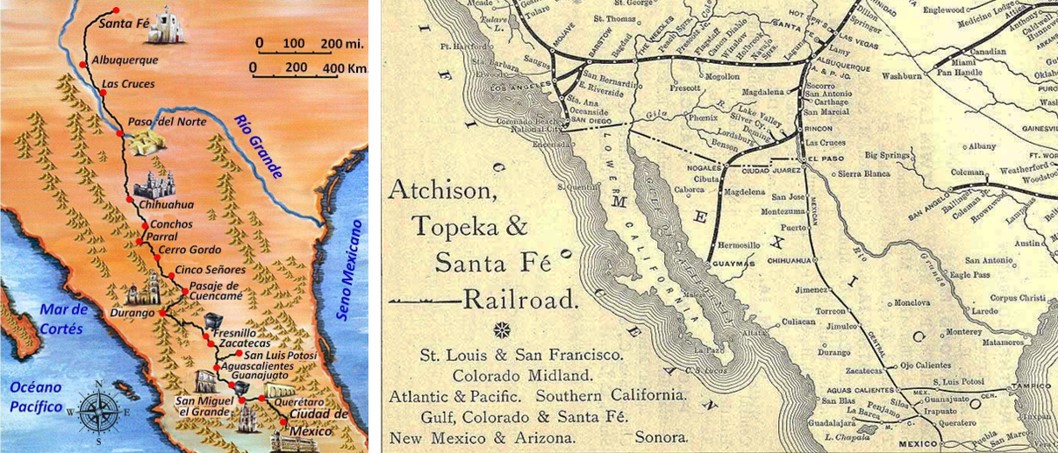 7 El Ferrocarril Central Mexicano se inspiró en el trazo.jpg El Ferrocarril Central Mexicano se inspiró en el trazo del Camino Real de Tierra Adentro para ubicar su ruta. https://ags.gob.mx/turismo/historia/caminorealdetierraadentro/index.html y https://es.m.wikipedia.org/wiki/Archivo:Santa_Fe_Route_Map_1891.jpg