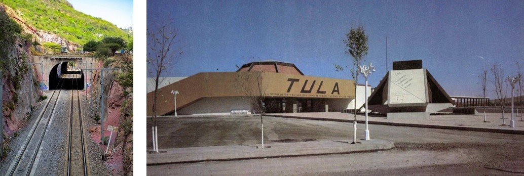 Uno de los túneles “falsos” y la estación de ferrocarril de Tula, Hidalgo, elementos complementarios del proyecto de la doble vía eléctrica. https://es.m.wikipedia.org/wiki/Archivo:Doble_T%C3%BAnel_Falso_Ferrocarriles_Nacionales_de_M%C3%A9xico_tren_M%C3%A9xico_Quer%C3%A9taro.jpg. Libro: Vía férrea México-Querétaro la ruta del progreso. SCT, 1987.