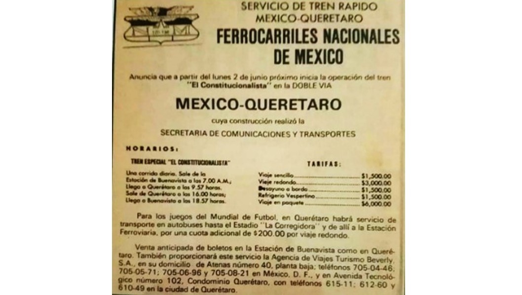 Tarifas y horarios del Tren Rápido México- Querétaro. https://www.facebook.com/cinemexicanomx/photos/a.317762310066/10158311313710067/?type=3