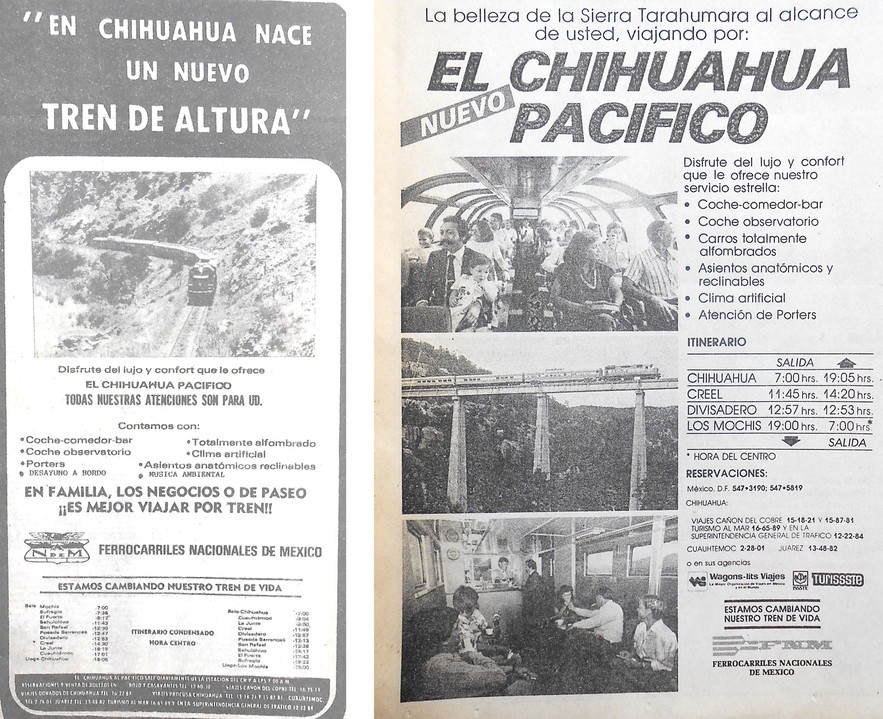Promoción publicitaria.jpg Promoción publicitaria del nuevo “Tren de Altura Chihuahua al Pacífico”. El Universal 1 de agosto de 1987.
