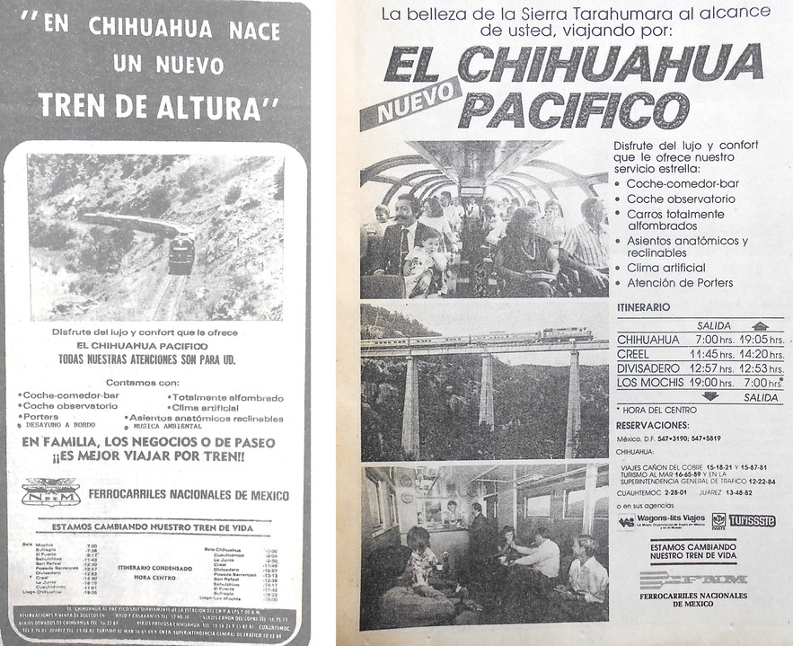 Promoción publicitaria del nuevo “Tren de Altura Chihuahua al Pacífico”. El Universal 1 de agosto de 1987.