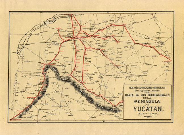 Carta de los Ferrocarriles en Yucatán.png Carta de los Ferrocarriles de la Península de Yucatán. Reproducción autorizada por el INAH.