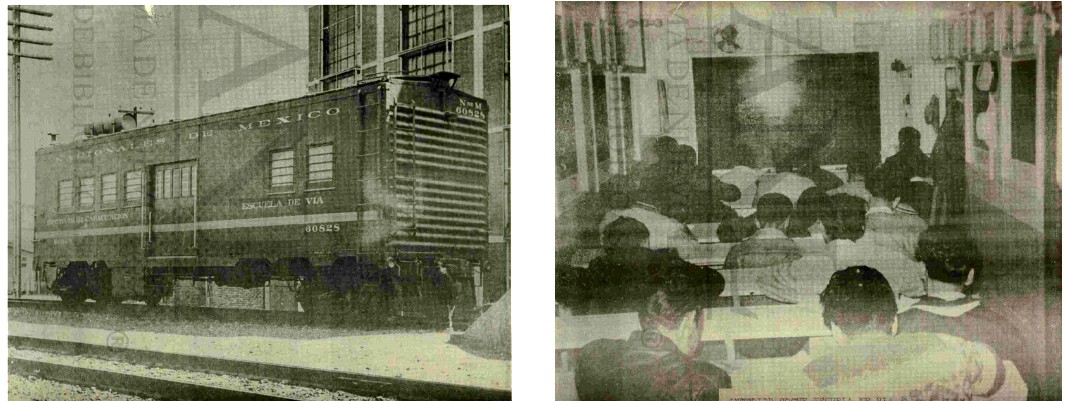 El coche-escuela era un vagón adaptado especialmente como salón de clases.jpg El coche-escuela era un vagón adaptado especialmente como salón de clases para la capacitación de los trabajadores ferrocarrileros. Libro: Seminario de Ing. Mecánica.