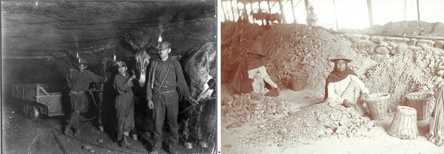 Uno de los objetivos de la expansión de las vías férreas en el norte de México fue el de transportar materias primas minerales hacia Estados Unidos. Hombres, mujeres y niños fueron “la mano de obra” que seleccionaba el material extraído de las minas. Fotos recuperadas de: Portal Académico UNAM.