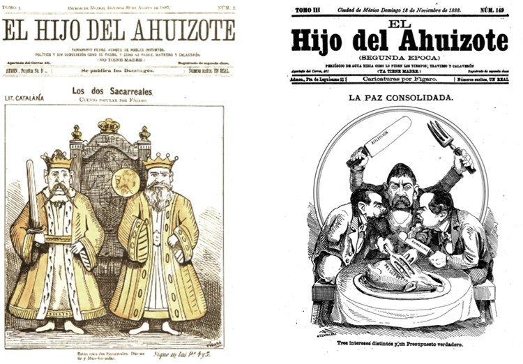 Dirigido por Daniel Cabrera, El Hijo del Ahuizote criticó a los gobiernos de Sebastián Lerdo de Tejada y de Porfirio Díaz bajo el riesgo de perder sus posesiones y su libertad. Fotos recuperadas de: El Hijo del Ahuizote.