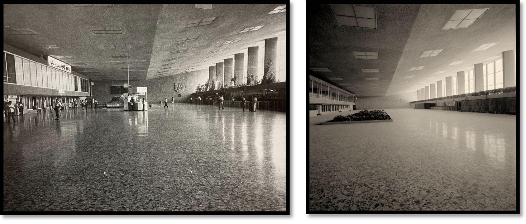 ESTACION CENTRAL DE PASAJEROS EN BUENAVISTA 04.png Vistas oriente y poniente de la sala principal donde se ubicaron las taquillas de primera clase junto con algunas oficinas, así como los tableros de entrada y salida de los trenes, y un par de notables escudos de México y de su ciudad capital. Libro: Los ferrocarriles en la Ciudad de México. Movilidad y abastecimiento de una gran urbe 1860-1970 y https://www.tumblr.com/unavidamoderna/107794488663/jonasgrossmann-frank-scherschel-the-new-look