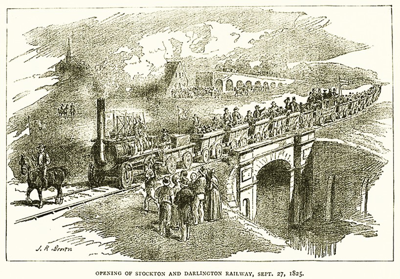 2 Los vagones de carga del primer.jpg Los vagones de carga del primer ferrocarril fueron ocupados por los pasajeros en el recorrido inaugural entre las poblaciones de Stockton y Darlington en Inglaterra. https://www.meisterdrucke.es/impresion-art%C3%ADstica/J.R.-Brown/1054319/Apertura-del-Ferrocarril-de-Stockton-y-Darlington,-27-de-septiembre-de-1825.html