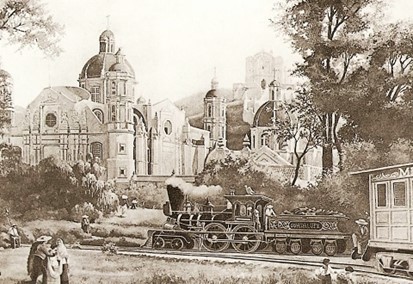 5 El ferrocarril llegando a la Villa.jpg El ferrocarril llegando a la Villa de Guadalupe (1857). https://openaddictionmag.blogspot.com/2019/01/rincones-bellos-de-la-ciudad-museo-de.html
