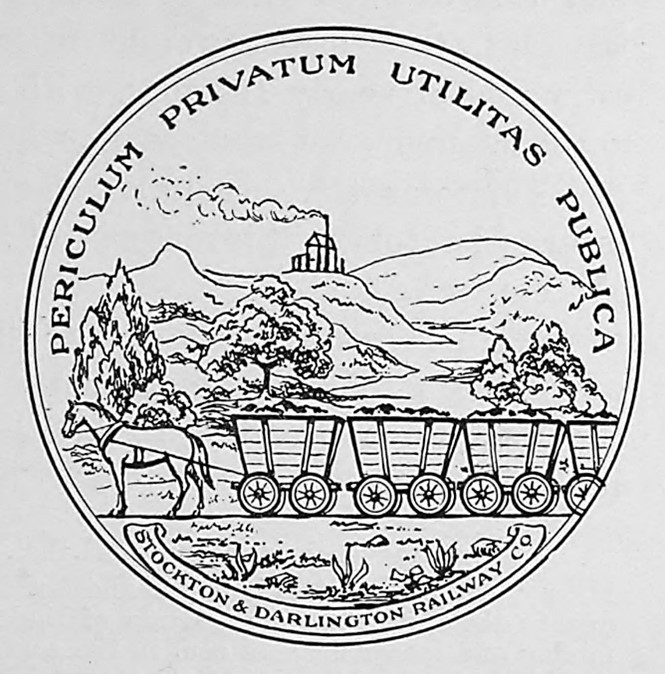 Sello diseñado en 1821 .jpg Sello diseñado en 1821 que registra el antecedente del primer ferrocarril de Stockton y Darlington con un caballo como fuerza motriz, y una serie de pequeños vagones de carga. “Un riesgo privado es un beneficio público” reza la leyenda. https://es.m.wikipedia.org/wiki/Archivo:Stockton_and_Darlington_seal.jpg