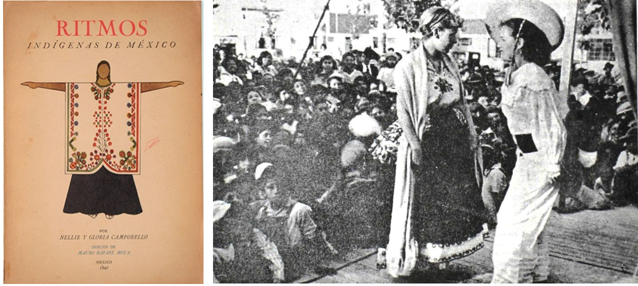 Publicado en coautoría con su hermana.png Publicado en coautoría con su hermana, Ritmos Indígenas de México (1940), reflejó la concepción de Nellie Campobello sobre la enseñanza de las danzas tradicionales y los bailes regionales. Fotos recuperadas de: Revista de la Universidad de México e INBAL.