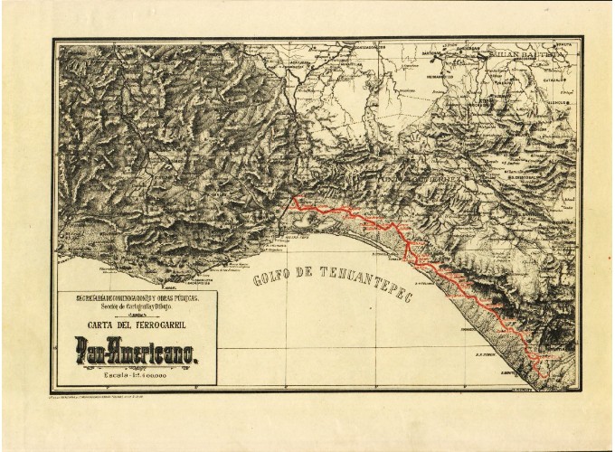 Carta geográfica de la ruta del Ferrocarril.jpg Carta geográfica de la ruta del Ferrocarril Panamericano que va de Ixtepec, Oaxaca a Suchiate, Chiapas, 1910. Reproducción autorizada por el INAH.