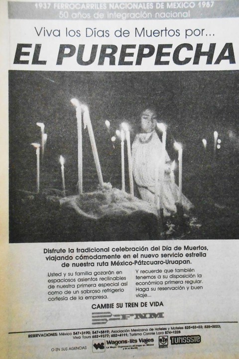 1 Michoacán aprovechó el Servicio Estrella.jpg Michoacán aprovechó el Servicio Estrella de los ferrocarriles para atraer turistas a sus reconocidas tradiciones. El Universal 27 de agosto de 1987.
