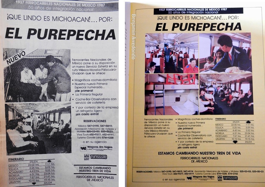 3 Promoción del tren El Purépecha.jpg Promoción del tren “El Purépecha”. El Universal 21 de agosto de 1987. http://vamonosalbable.blogspot.com/2015/10/de-trenes-y-rutas-que-hubo-y-que-tal.html