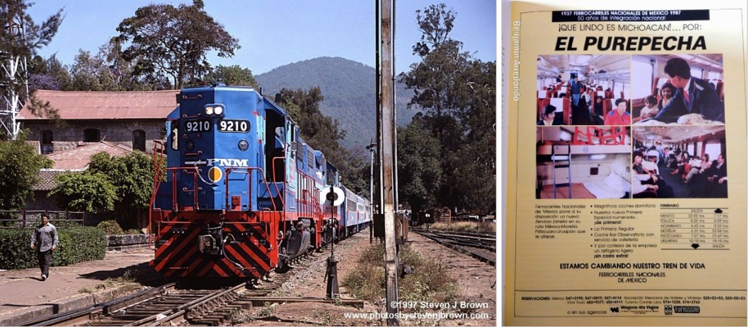 2 El Purépecha saliendo de la estación de Uruapan.jpg “El Purépecha” saliendo de la estación de Uruapan, Michoacán. Asientos cómodos, servicio personalizado, dormitorios y amplios vagones ofrecían en este tren los Ferrocarriles Nacionales de México al cumplir 50 años de unir al país (1937-1987). Steven J. Brown https://es-la.facebook.com/photo/?fbid=499849100208058&set=a.506859716173663 Benjamín Arredondo https://vamonosalbable.blogspot.com/2015/10/de-trenes-y-rutas-que-hubo-y-que-tal.html