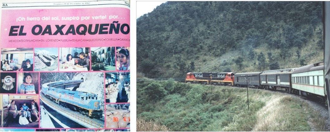 Anuncio de periódico de la ruta del tren “El Oaxaqueño” (1987) donde se muestran los servicios y espacios del ferrocarril, y algunos atractivos culturales de Oaxaca. “El Jarocho” se abre paso entre las cumbres de Maltrata. https://www.facebook.com/kinkihomexico/photos/a.1985449445116733/2512870192374653/?type=3 Clark Frazier https://www.facebook.com/298957586963878/photos/a.299725183553785/1805245356335086/?type=3&theater