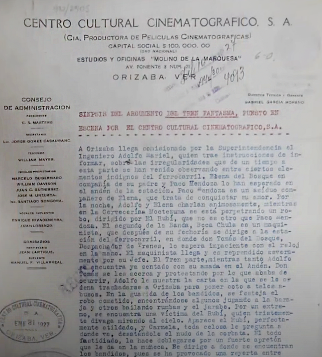 Sinopsis de El tren fantasma AGN.png Documento que recoge la sinopsis argumental de “El tren fantasma”, producida por el Centro Cultural Cinematográfico S. A.