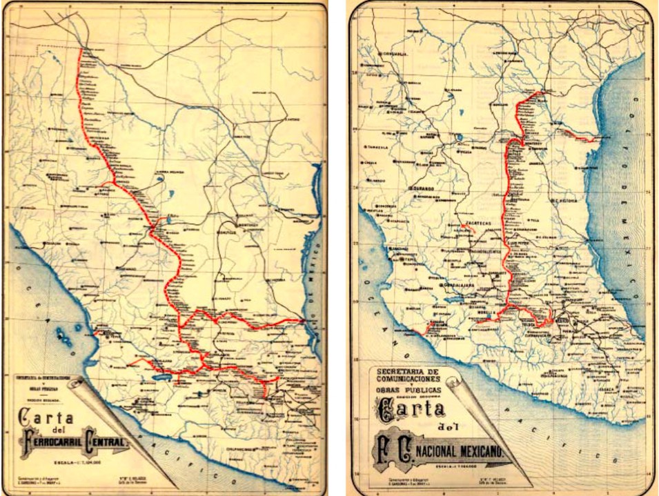 A principios del siglo XX el sistema ferroviario permitió trasladar a miles de mercancías.jpg A principios del siglo XX, el sistema ferroviario permitió trasladar a miles de mercancías y personas convirtiendo al ferrocarril en una de las obras públicas de mayor impacto económico y social. Imágenes: Carta del Ferrocarril Central y Carta del Ferrocarril Nacional Mexicano, 1900.