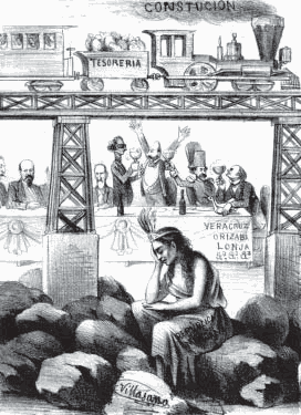 Aunque los caminos de fierro insertaron a México.jpg Aunque los caminos de fierro insertaron a México en la dinámica del desarrollo económico e industrial, la prensa criticó que ‘las mejoras materiales servían para halagar a los funcionarios, violar la Constitución y gastar el dinero de la nación.’ Caricatura: La Orquesta del 8 de enero de 1873.