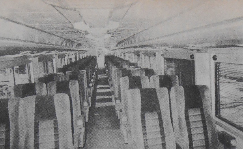 Interior del tren “El Regiomontano” cuyos asientos fueron diseñados para ofrecer la mayor comodidad a los usuarios. El Universal 9 de abril de 1987.