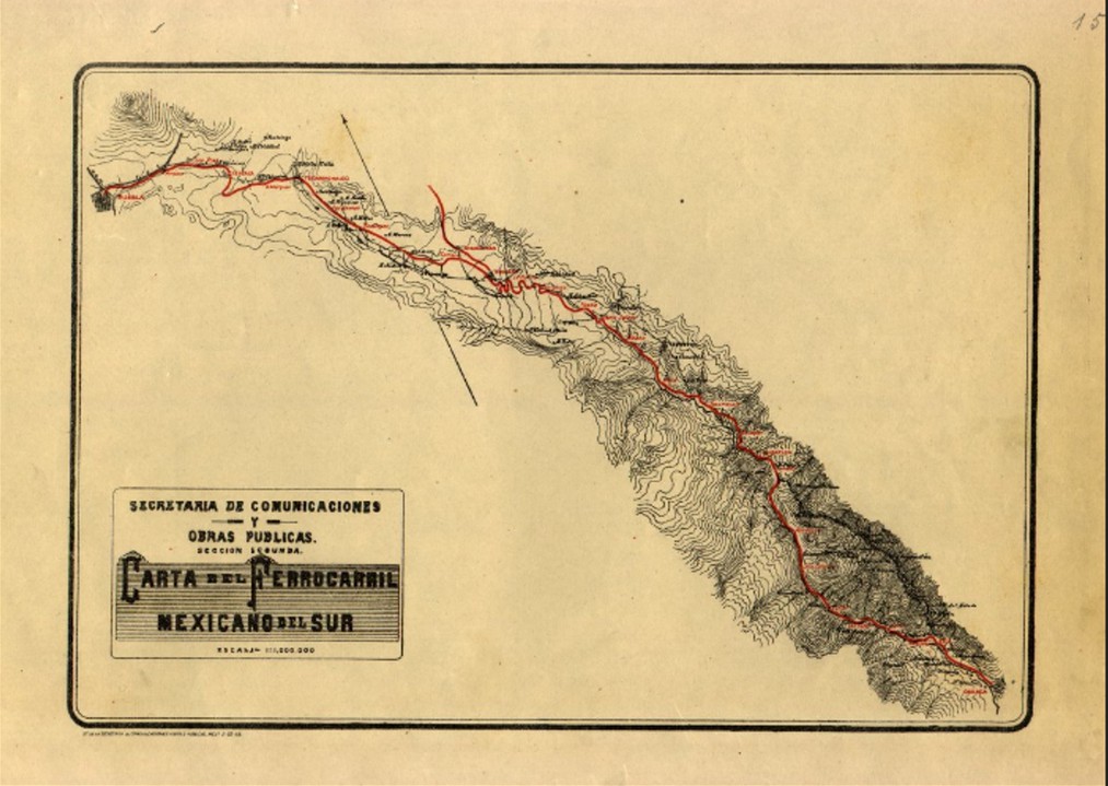 Carta geografica del Ferrocarril Mexicano del Sur.jpg Carta geográfica del Ferrocarril Mexicano del Sur en su recorrido de la ciudad de Puebla a la de Oaxaca. Reproducción autorizada por el INAH.