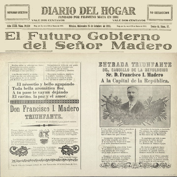 4 Tras el levantamiento revolucionario en 1910.jpg Tras el levantamiento revolucionario en 1910, Francisco I. Madero tomó posesión de la presidencia de la República hasta el 6 de noviembre de 1911. Fotos recuperadas de: El Diario del Hogar y de Library of Congress EUA.