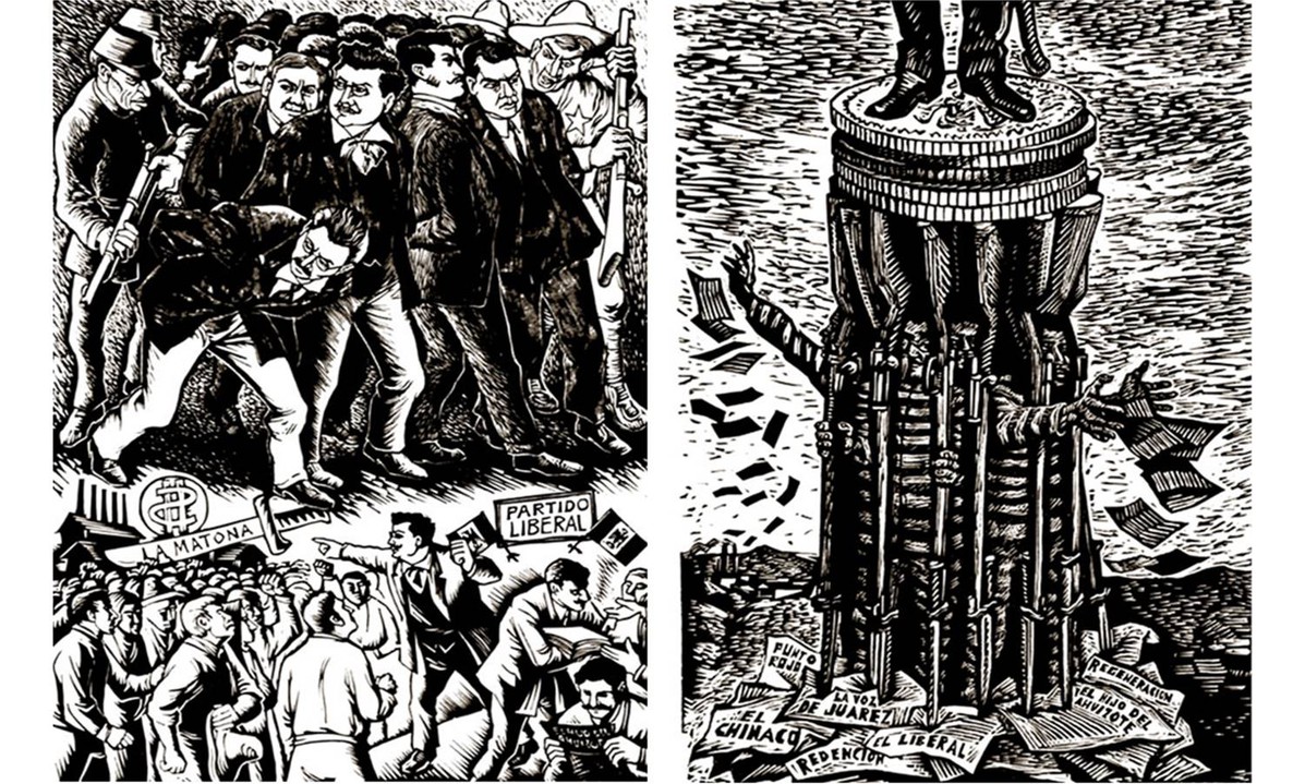 Durante el Porfiriato, la libertad de prensa estuvo limitada y el destino de los críticos al gobierno fue la cárcel. Pese a los numerosos procesos judiciales, el periodismo de oposición se erigió como el instrumento más efectivo para manifestarse contra el sistema de poder en México. Fotos recuperadas de: ¡Tierra y Libertad! El sueño de una Revolución.