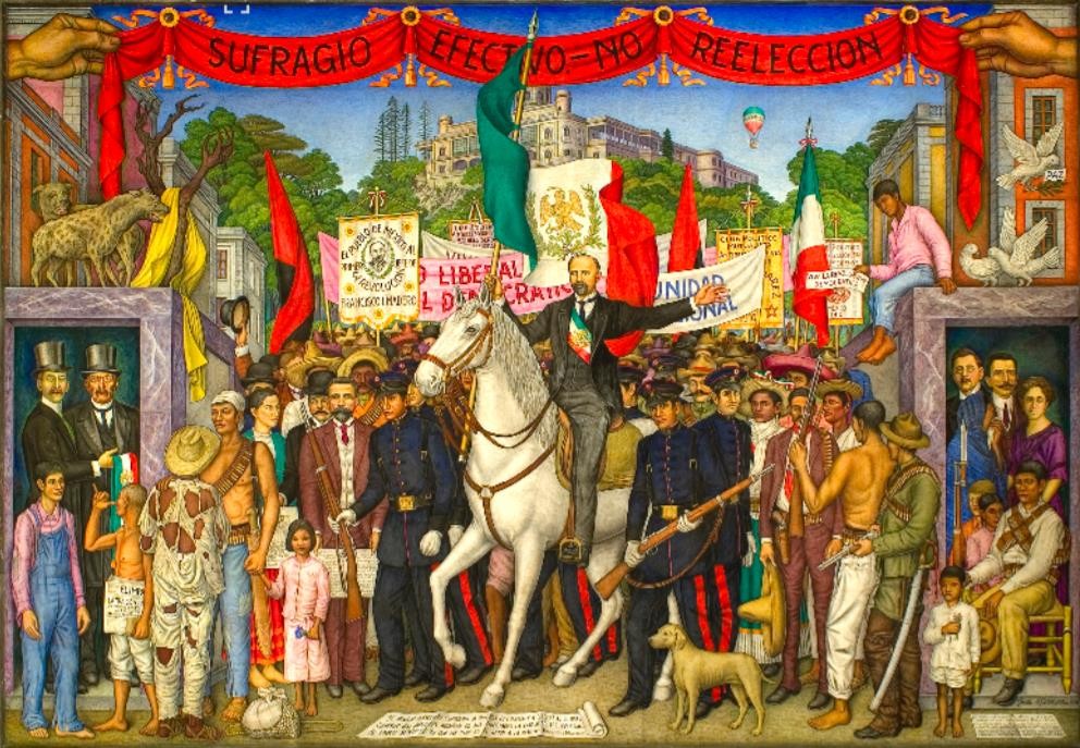 El movimiento de Francisco I. Madero fue representado por Juan O’Gorman en Retablo de la Revolución como una obra del pueblo en la que los anarcosindicalistas (simbolizados en las banderas rojinegras) contribuyeron a lograr el Sufragio Efectivo, No Reelección. Foto recuperada de: Museo Nacional de Historia. 
