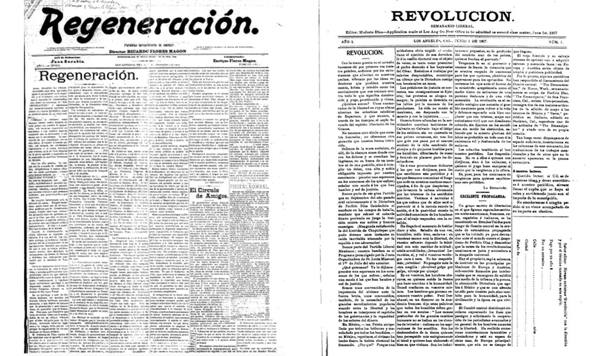 En el mismo año en que el gobierno mexicano reprimió la huelga de obreros textiles en Río Blanco, Veracruz apareció el periódico Revolución el 1 de junio de 1907. Editado desde Los Ángeles, California, el nuevo semanario liberal aseguró que cumpliría “con el deber de prender una esperanza y señalar una senda a los que habían padecido hambre y sed de justicia.” Fotos recuperadas de: Regeneración y Revolución.